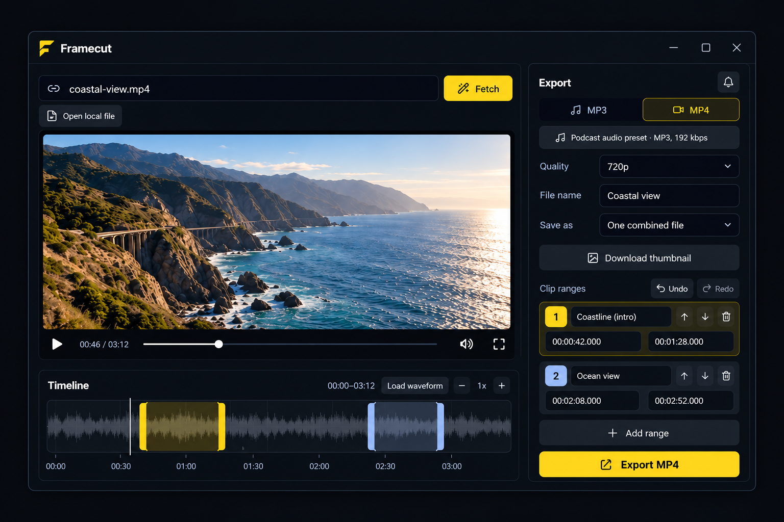 Framecut desktop preview: a coastal video above a timeline with two selected ranges, beside MP3 and MP4 export settings.